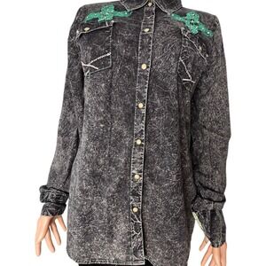 Roar‎ XL Black Acid Wash Embroidered Cross Rhinestone Western Shirt WW50251 Snap